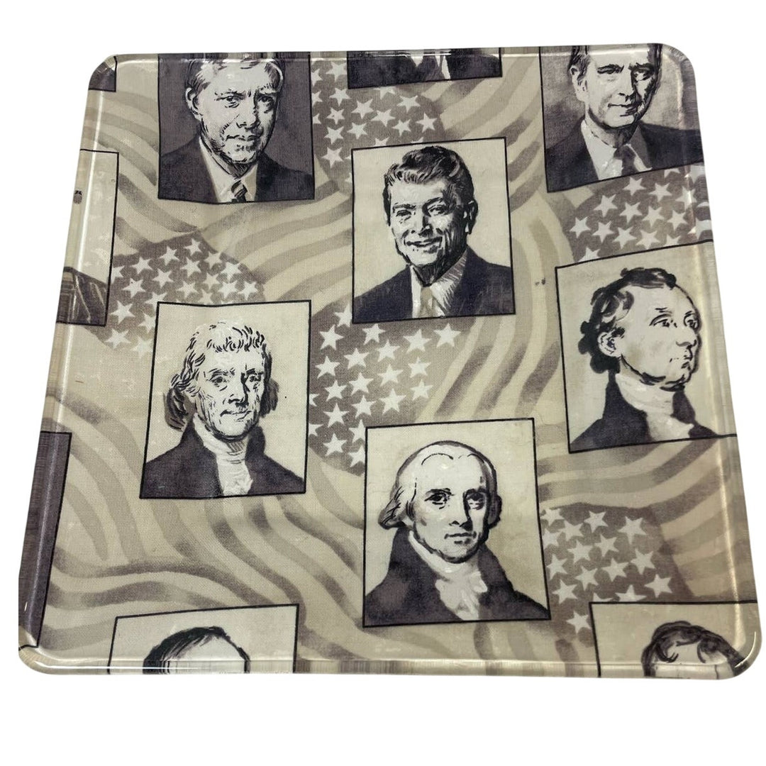 Pair of Handmade Decoupage US President Fabric Square Table Decor Glass Plates