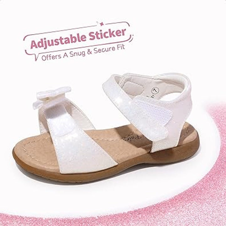 Dream Pairs Little Girls Size 11 White Glitter Hook Loop Bow Flat Sandals Shoes