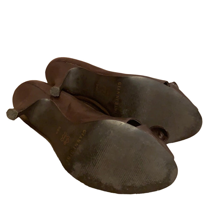 Gianni Bini US 9.5 Chocolate Brown Tied Bow Peep Toe Leather 3.5" Heels Pumps