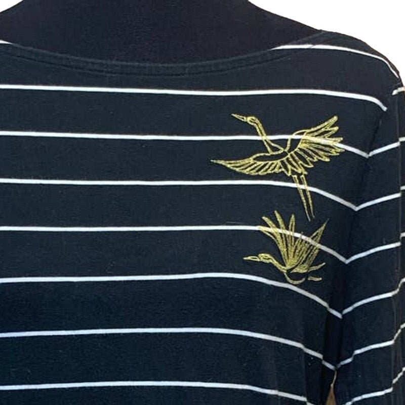 A New Day XL 3/4 Sleeve Boat Neck Striped Glitter Swan Cotton Blend Bird Top