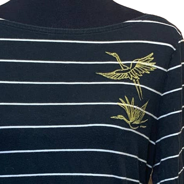 A New Day XL 3/4 Sleeve Boat Neck Striped Glitter Swan Cotton Blend Bird Top