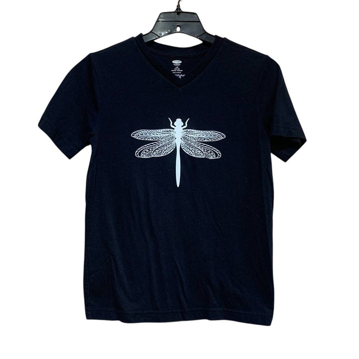 Hand Printed Upcycled Child Large (10/12) Dragonfly Short Sleeve V-Neck Tee