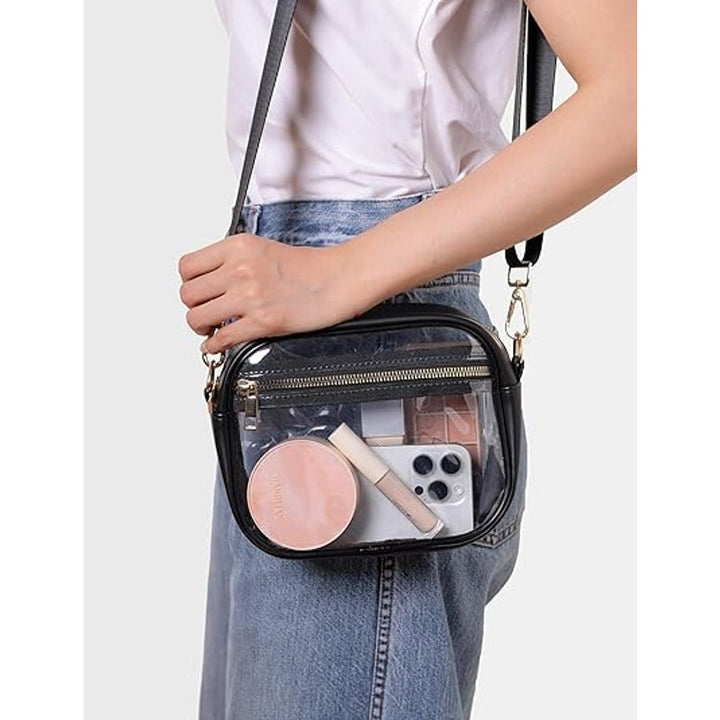 New Fibrdoo Black Faux Leather Trim Clear Stadium Approved Crossbody Purse Bag