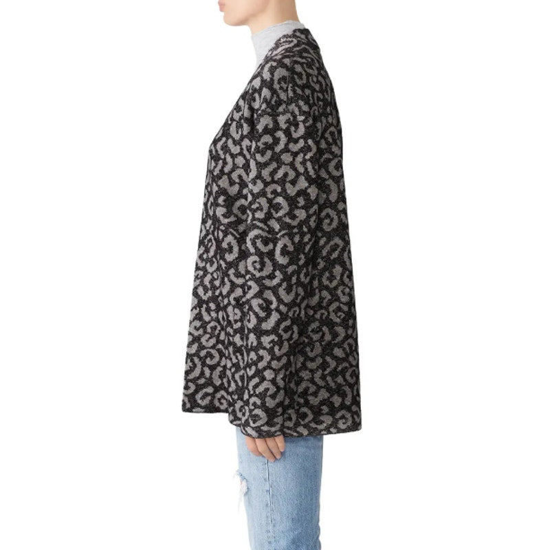 Michael Stars Womens Large Leopard Print Long Sleeve Open Front Cardigan Sweater