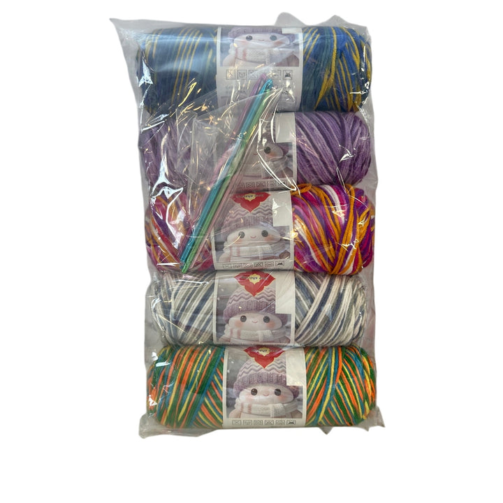 New Crochet Craft Kit with 7 Hooks &amp; 5 Skeins Variegated Yarn