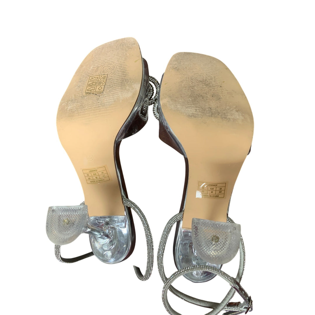 Zurin Womens Size 8.5 Silver Clear Strap Bow Open Toe 4" Heel Ankle Strap Shoes