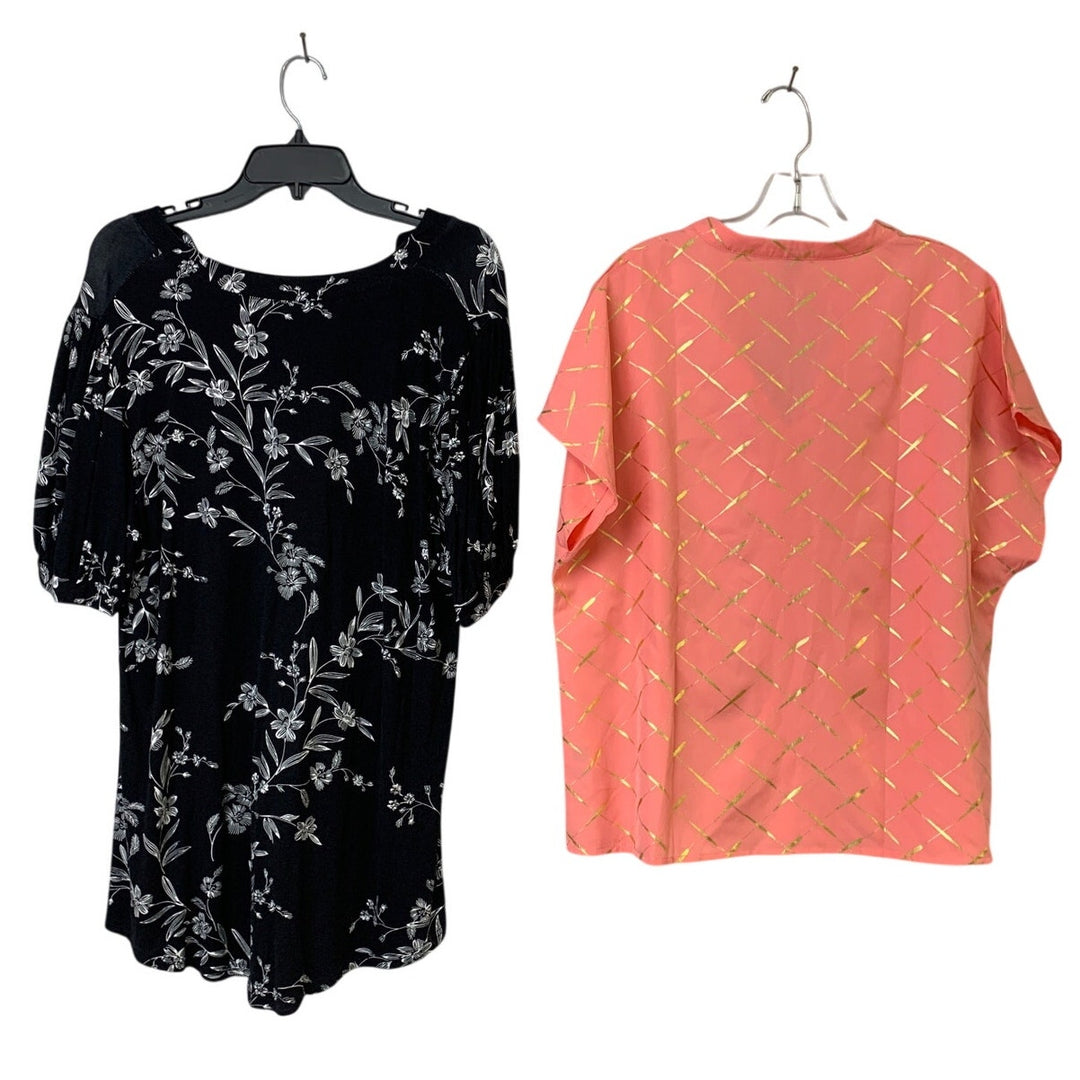 Lot of 2 Anyally Shein Womens XL Pink Black Floral Striped Short Sleeve Tops