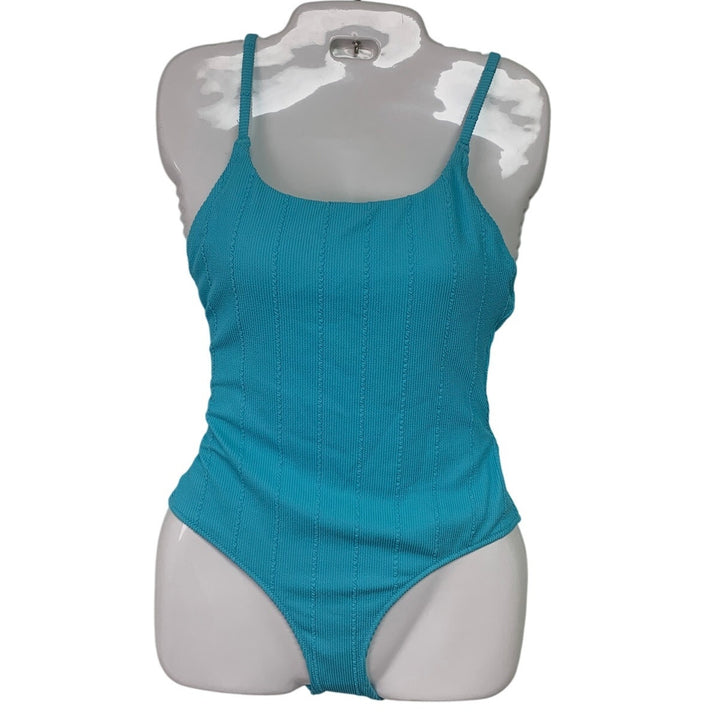 New Aerie Womens Small One Piece 1PC Full Coverage Ribbed Blue Swim Suit