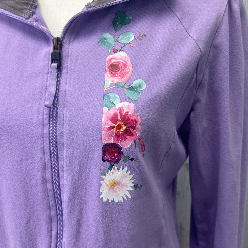Hand Printed Upcycled Womens Large Peony Flowers Full Zip Lightweight Jacket
