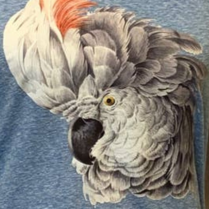 Upcycled Hand Printed Medium White Cockatoo Parrot Ukraine Artist Fundraiser Tee