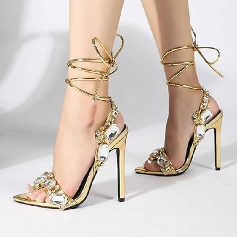 Kluolandi Womens Size 9.5 Gold Shiny Jewel Ankle Strap 5" Heel Shoes Missing Gem