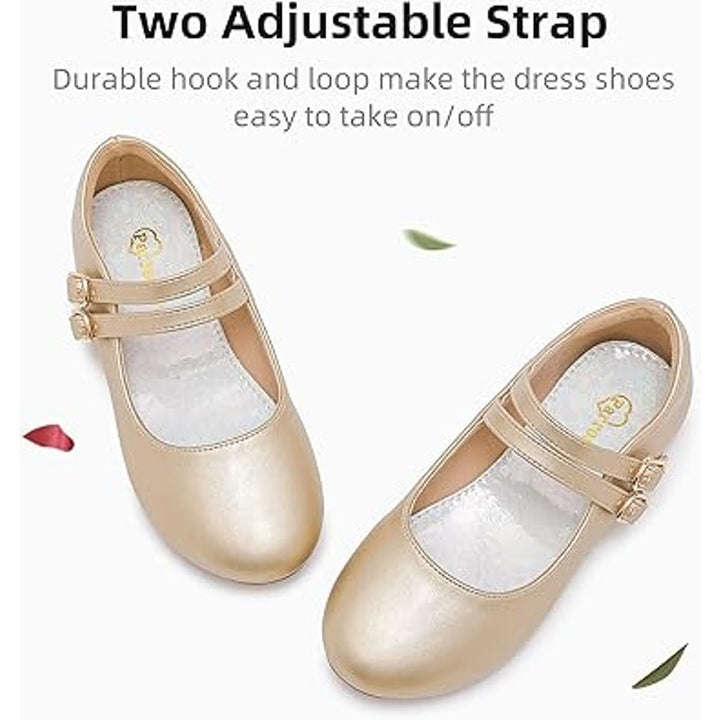 Parrosoo Toddler Girls Size 8 Matte Gold Flats Latch &amp; Hook Close Dress Shoes