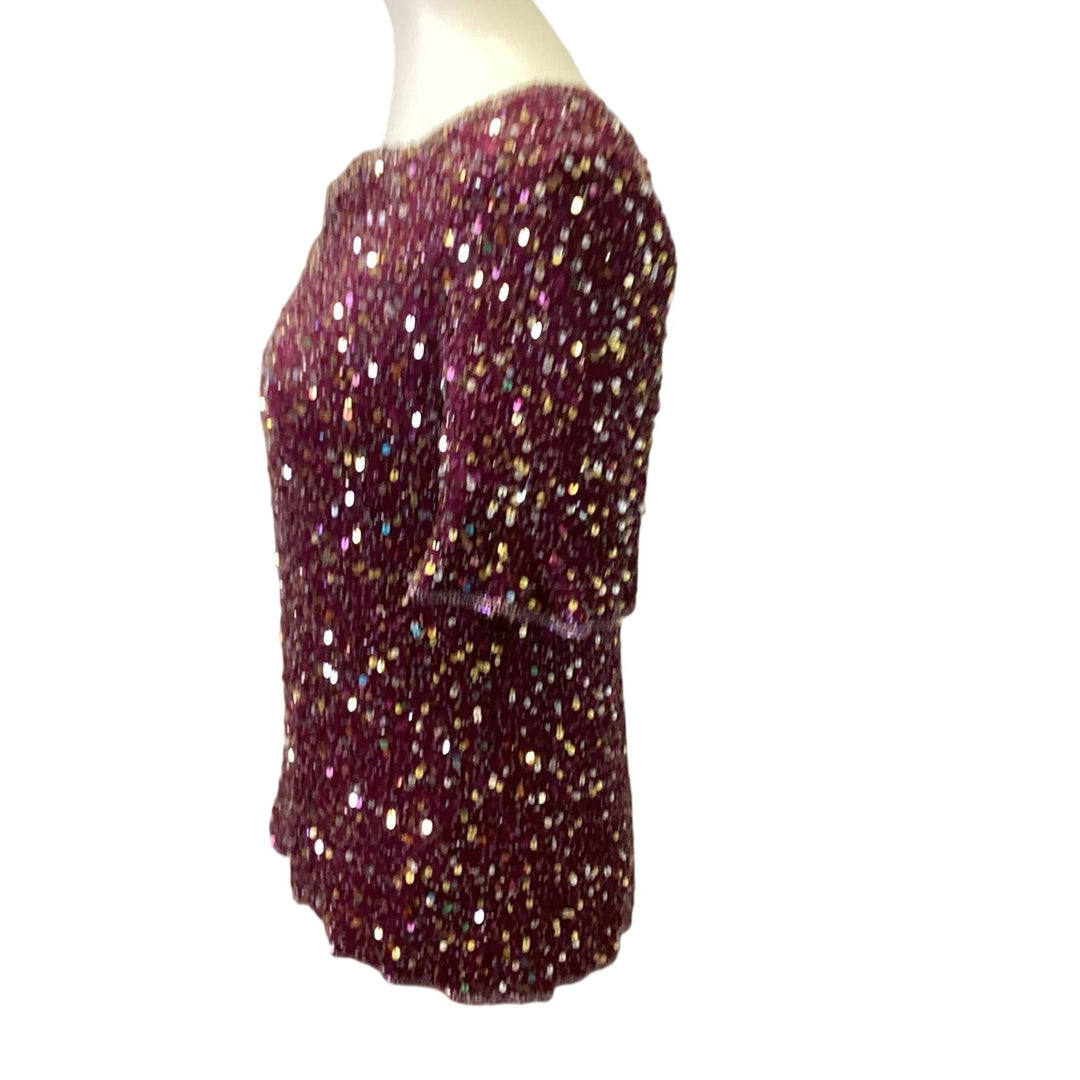 Scala Womens Size XL Wine Red Silk Zip Up V-Neck Fully Lined Formal Sequin Top