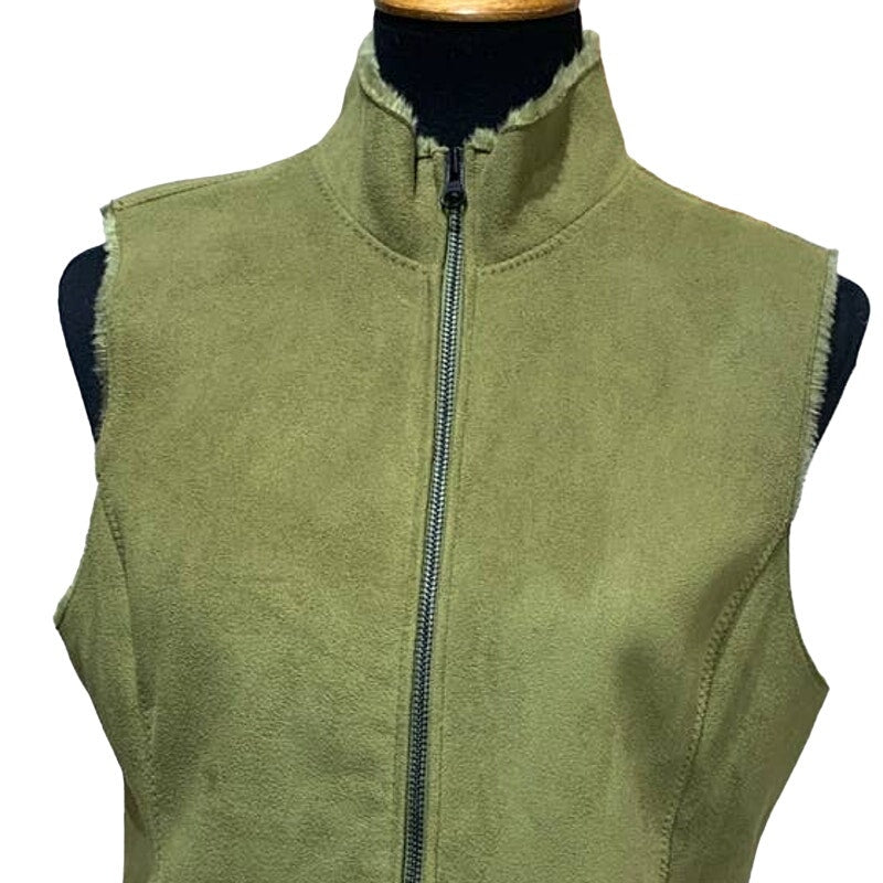 Real Clothes Size 6 Olive Green Super Soft Faux Fur Suede Full Zip Vest Jacket