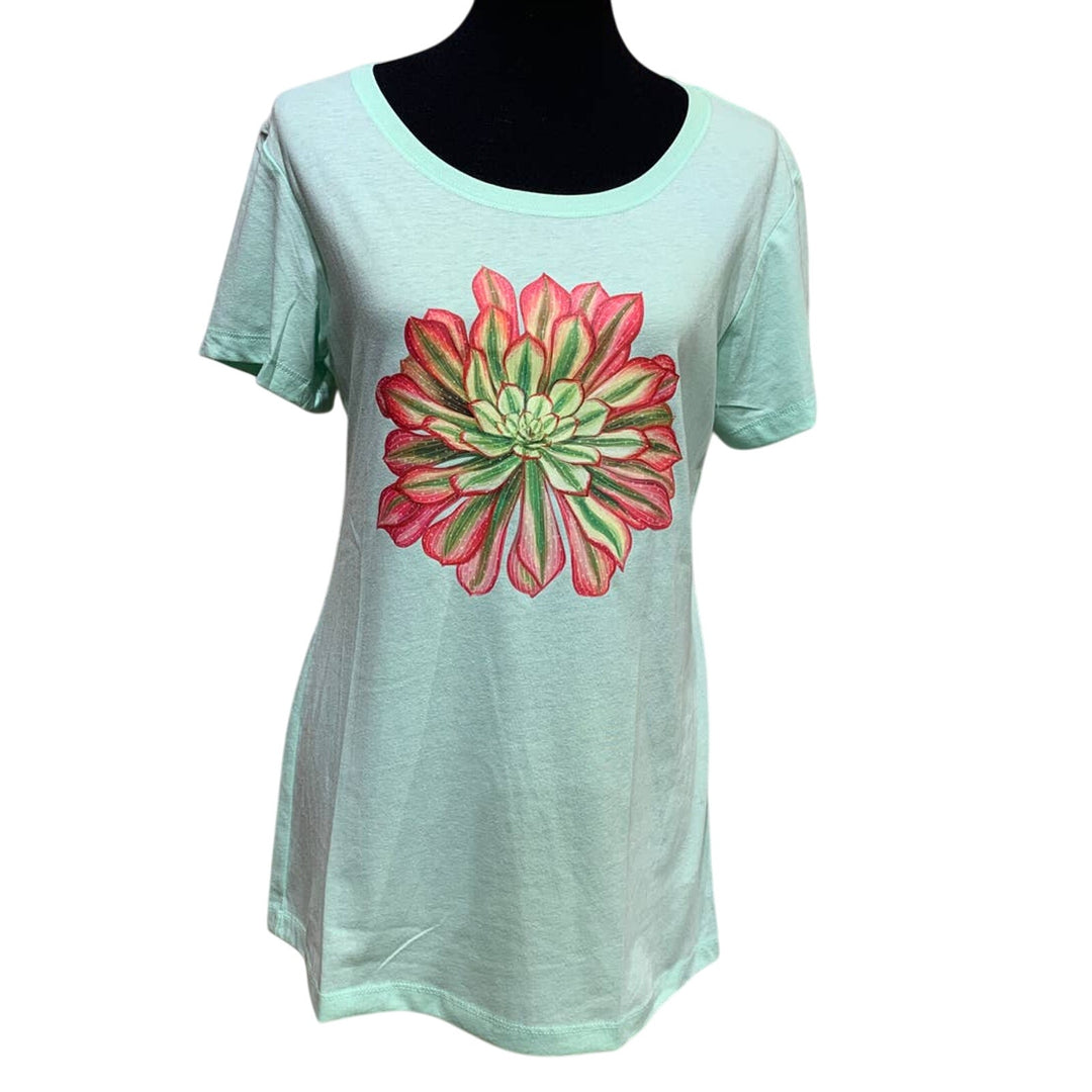 New Hand Printed 2XL Pink Green Succulent Cactus Cotton Blend Short Sleeve Tee