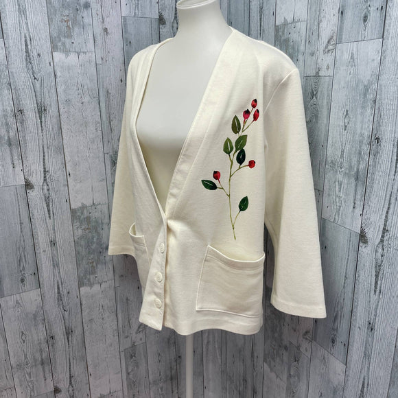 Hand Printed Upcycled Vintage Alfred Dunner Size 14 Cottage Core Berry Cardigan