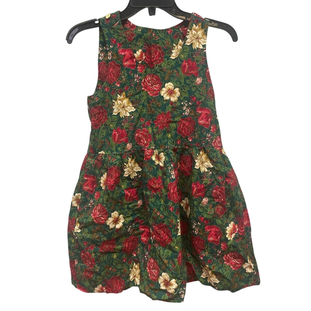 Handmade Girls Medium Christmas Holly Berry Rose Flower Sleeveless Dress