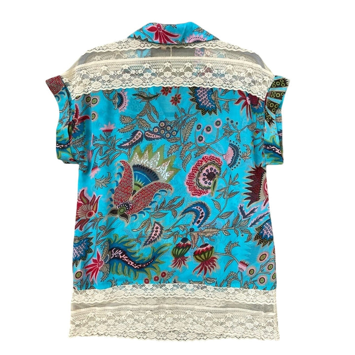 New Just Pearls Womens Medium Sheer/Lace Short Sleeve Floral Summer Blouse