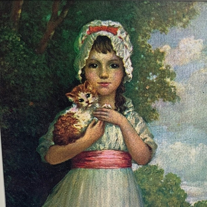 Vintage Pair of Framed Girl with Cat &amp; Boy with Dog Prints
