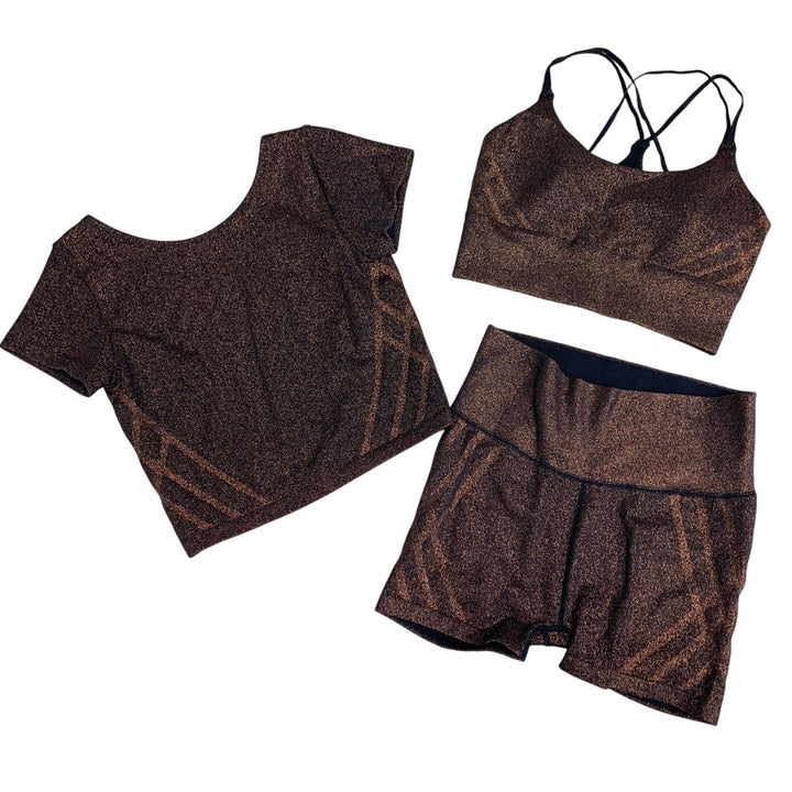 New Offline Womens XS Metallic Short Sleeve Top Bra Shorts 3 Piece Athletic Set