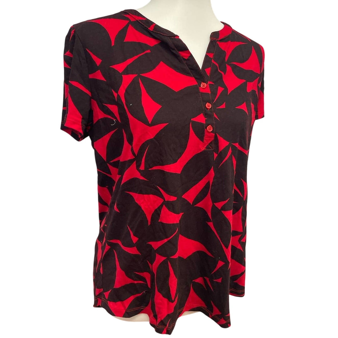 Liz Claiborne Large Short Sleeve Half Button Rayon Blend Geometric Floral Top