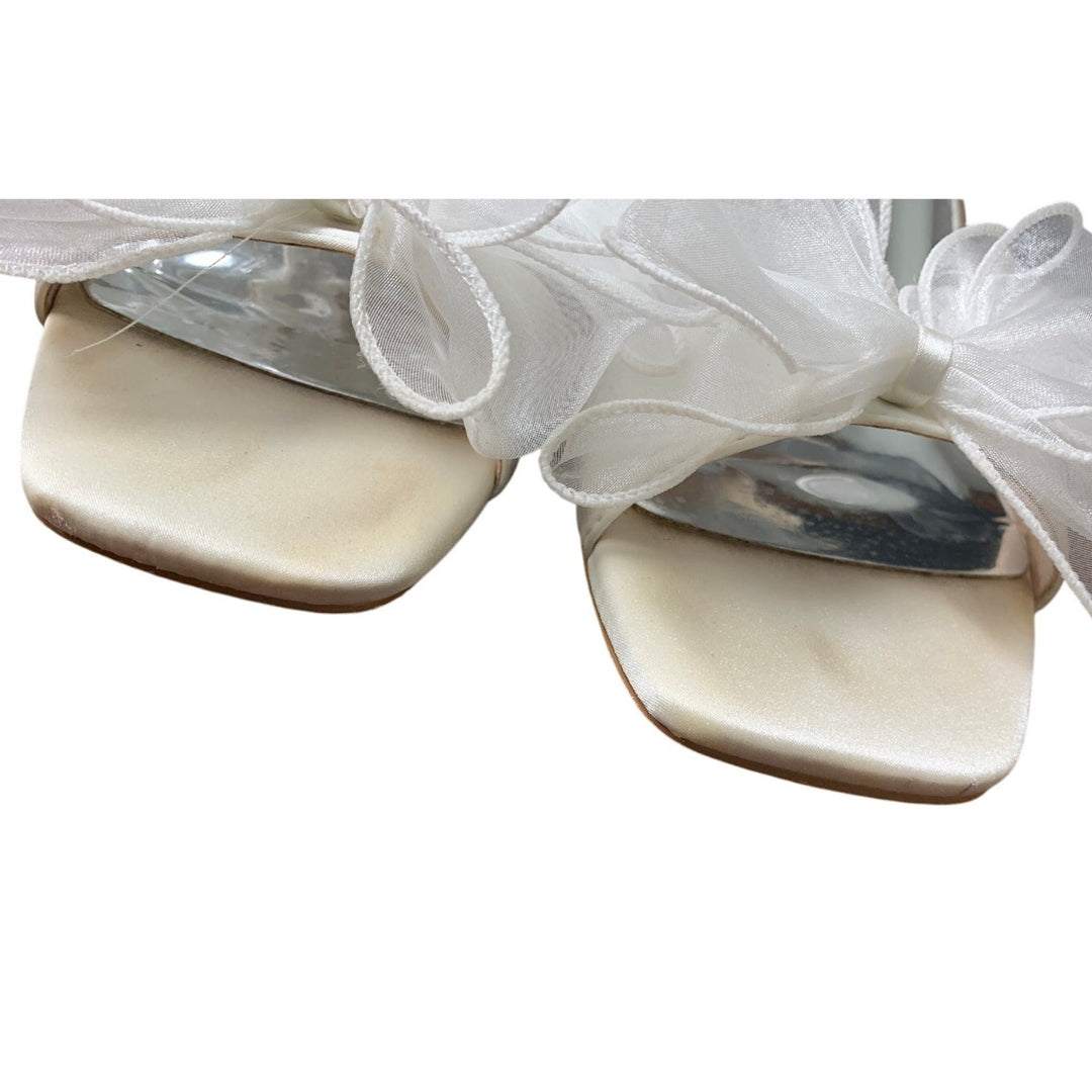 Coutgo Womens Size 9 Ivory White Ribbon Bow 2.5" Heel Open Toe Ankle Strap Shoes