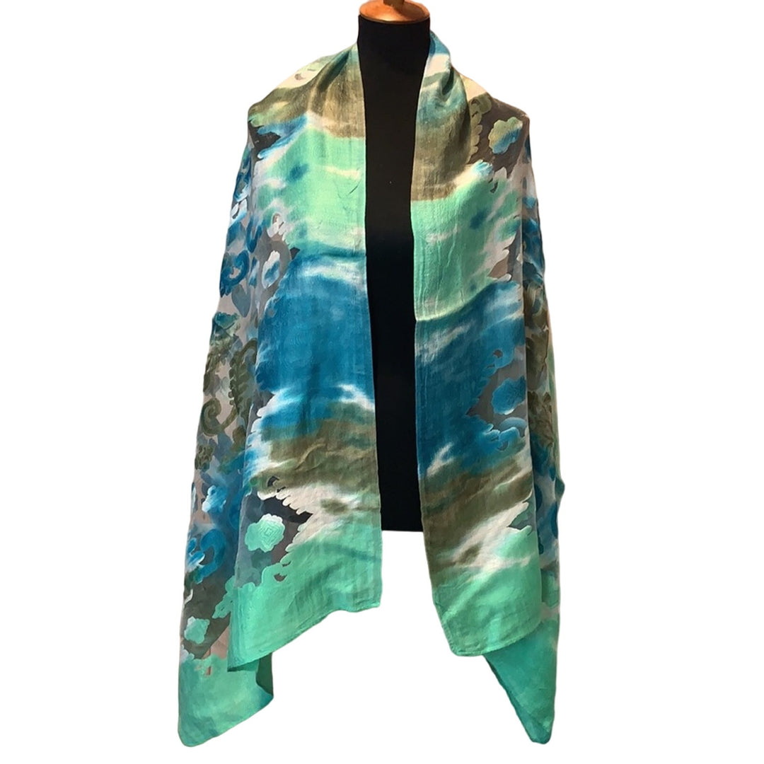 New Long Sheer Blue Green Watercolor Lightweight Fashion Scarf Wrap