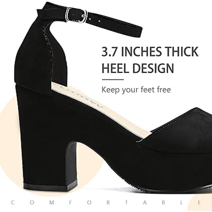 New Camsoo Womens 7.5 Black Faux Suede Open Toe 4" Block Heel Ankle Strap Shoes