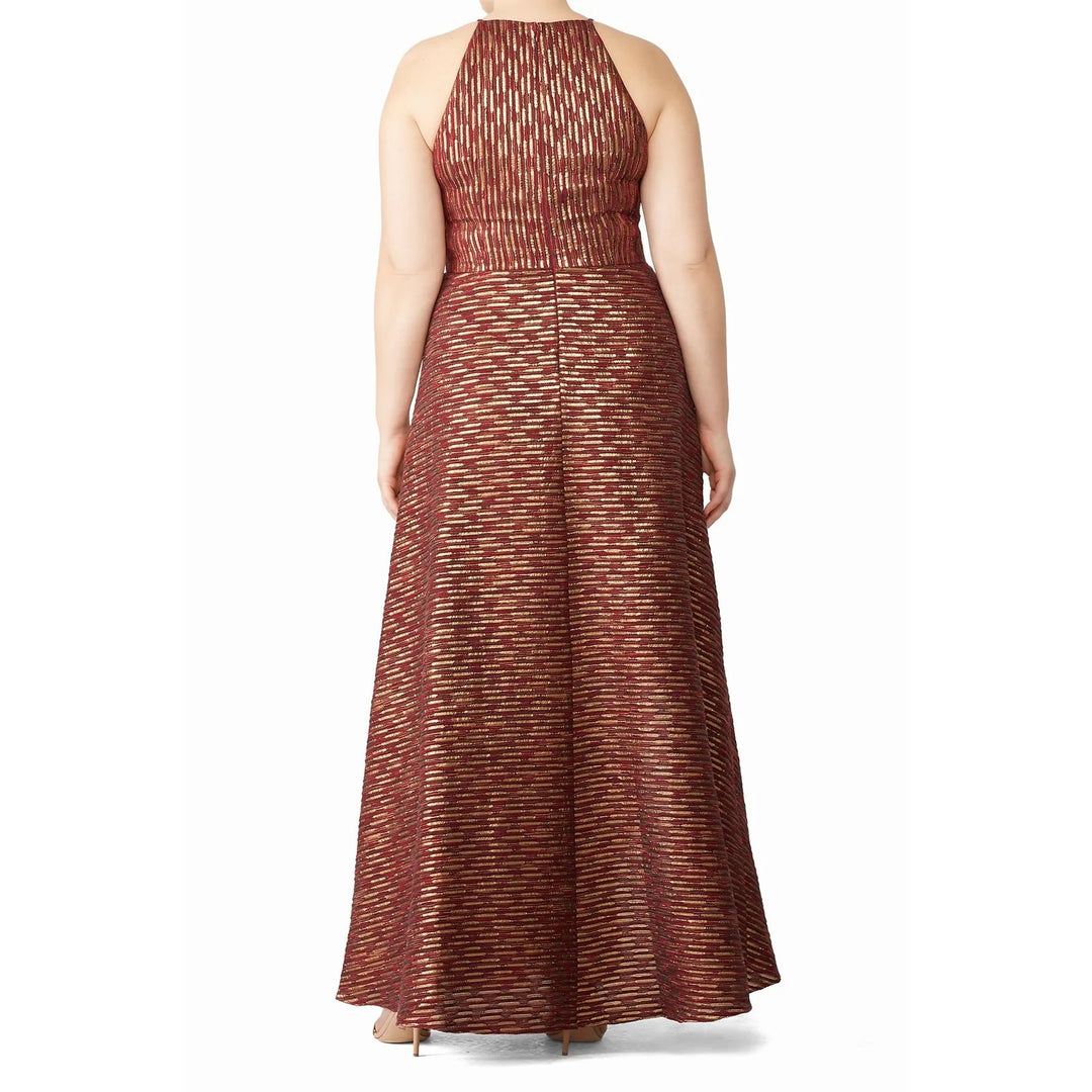 Badgley Mischka 18 Tall Ruby Metallic Gold Hi Low Leg Slit Halter Dress Gown