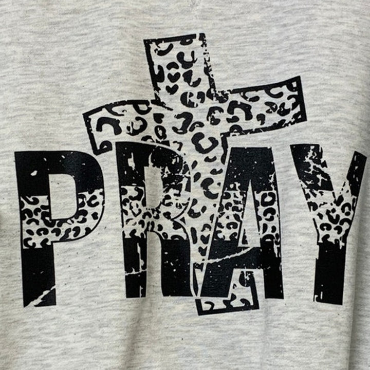 Hand Printed Upcycled Mens Large Gray Pray Crucifix Long Sleeve Sweatshirt