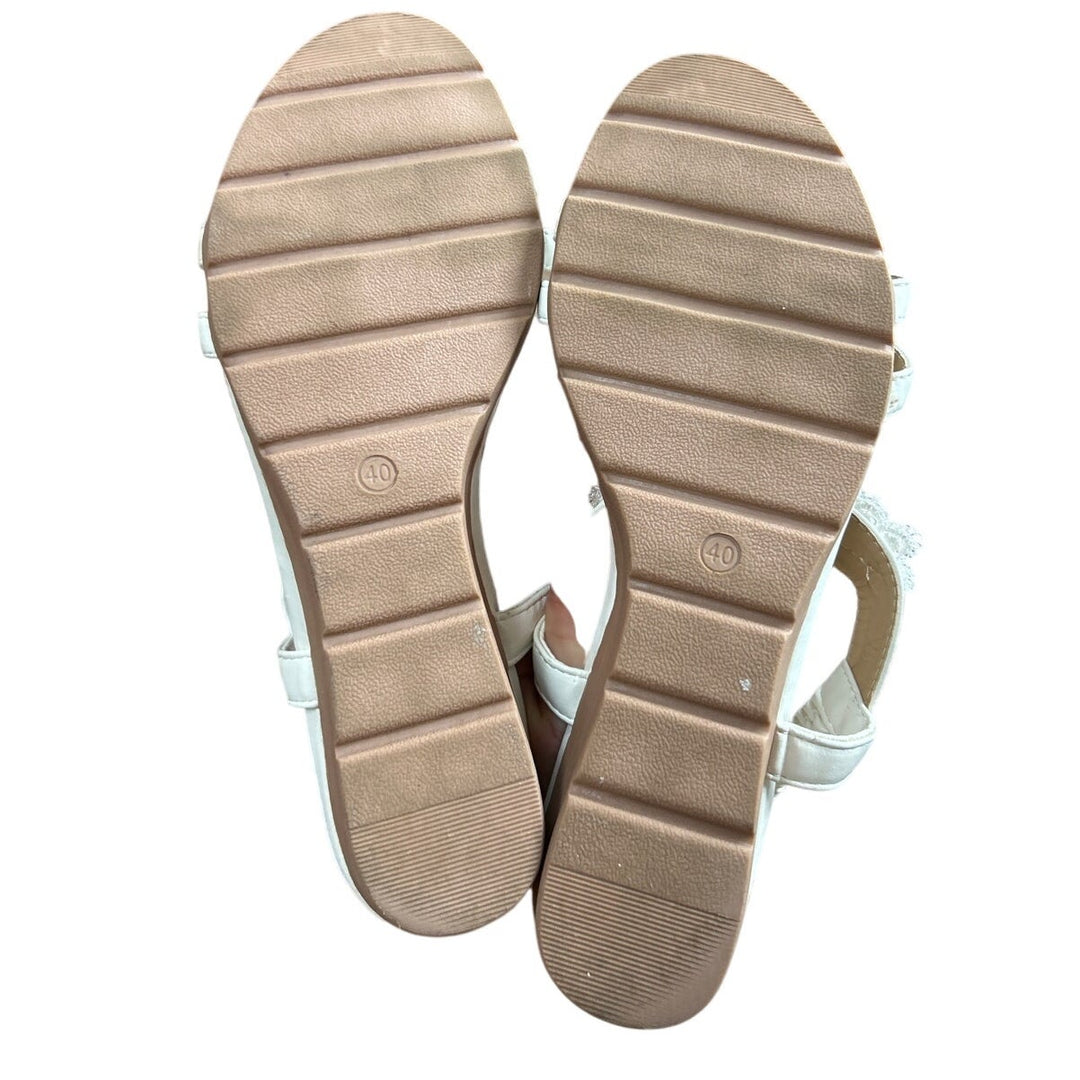 Shibever Womens 9.5 White Elastic Strap Open Toe Flower 2.25" Wedge Heel Shoes