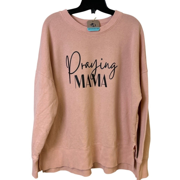 Upcycled Hand Printed Womens XL Pink Praying Mama Long Sleeve Crew Sweatshirt