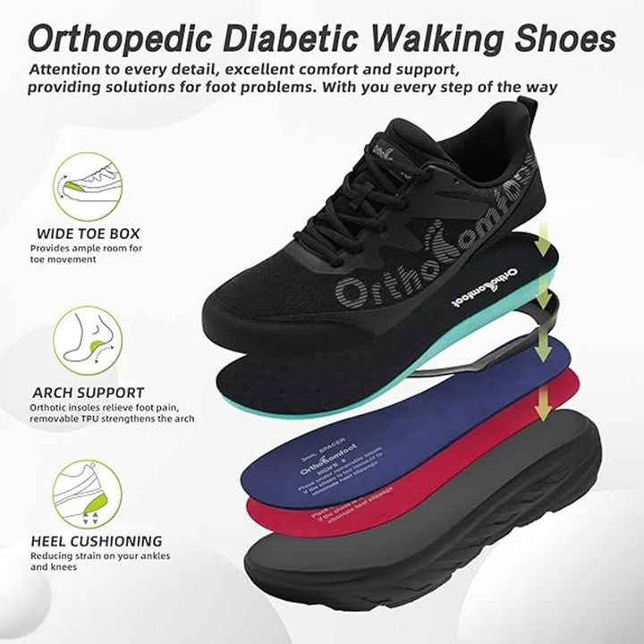 OrthoComfoot Womens Size 11 Black Lace Up Wide Toe Box Athletic Shoes