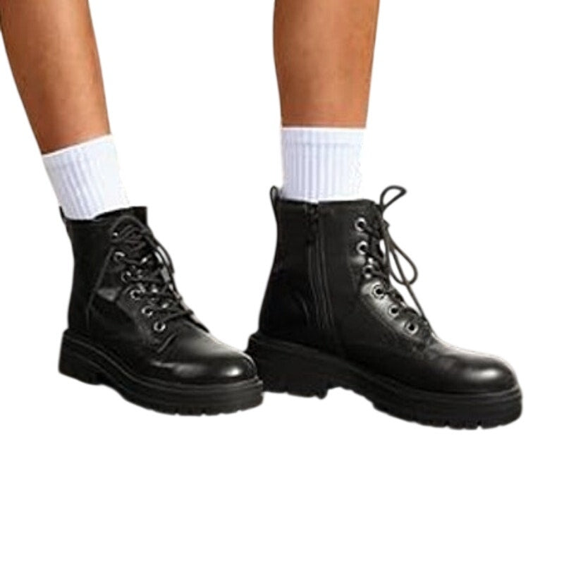 Dream Pairs Womens Size 9.5 Black Faux Leather Lace Up Lug Sole Combat Boots