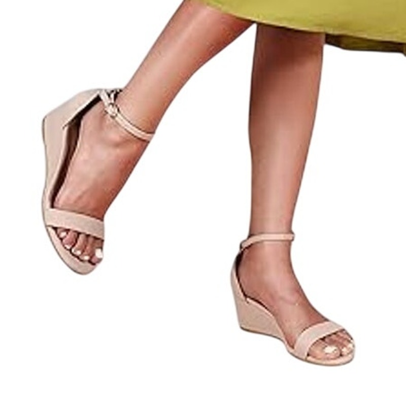 Idifu Womens Size 7.5 Tan 2.25" Wedge Heel Open Toe Ankle Strap Sandal Shoes
