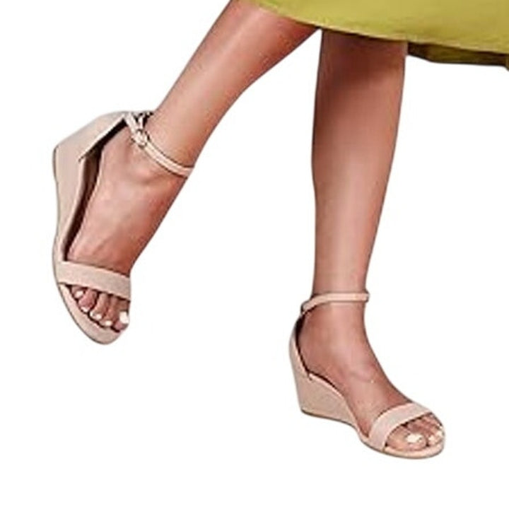 Idifu Womens Size 7.5 Tan 2.25" Wedge Heel Open Toe Ankle Strap Sandal Shoes