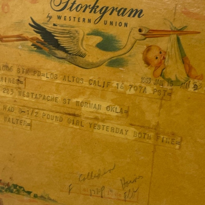 Vintage 1963 Western Union Telegram Wood Base Baby Girl Born Storkgram Wall Art