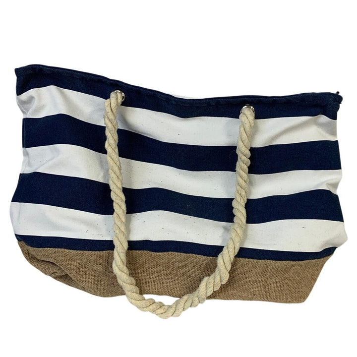 Becokan Womens Large Striped Canvas Waterproof Sandproof Beach Tote Bag euc