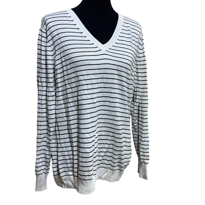 Worthington Petite XL Cotton Blend Black White Stripe Long Sleeve V-Neck Sweater
