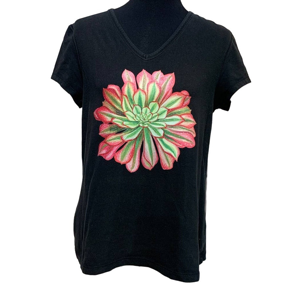 Hand Printed Upcycled XL Pink Green Succulent Cotton Blend Short Sleeve Tee