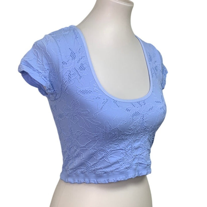 New Aerie Womens XS Short Sleeve Embroidered Floral Lace Scoop Neck Cropped Top