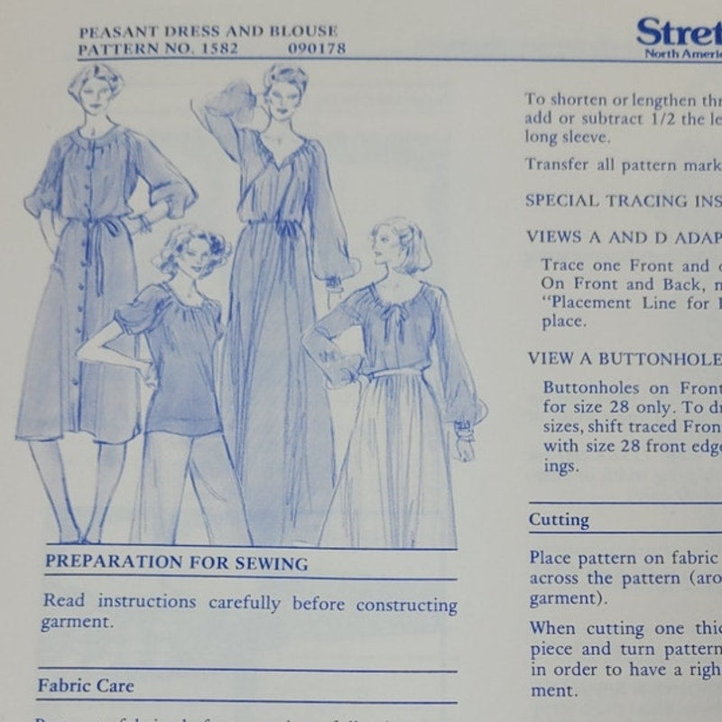 1978 Stretch &amp; Sew 1582 Peasant Dress &amp; Blouse Sewing Pattern, Complete &amp; Uncut