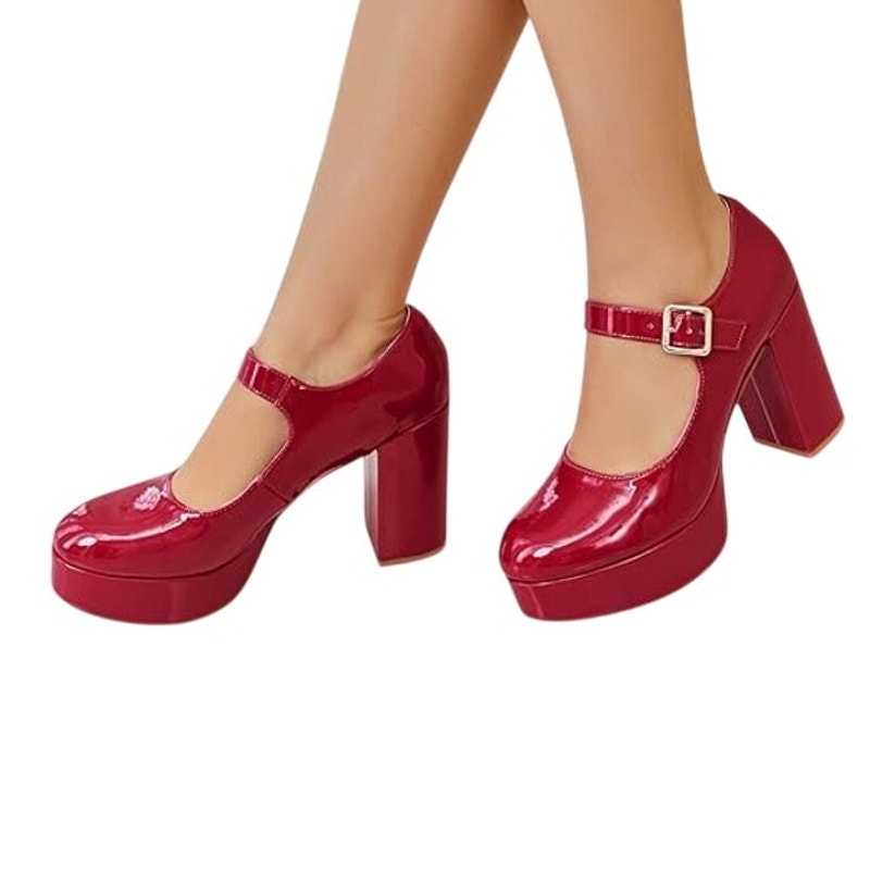 Coutgo Womens Size 9 Red 4" Heels Mary Jane Round Closed Toe Buckle Strap Shoes