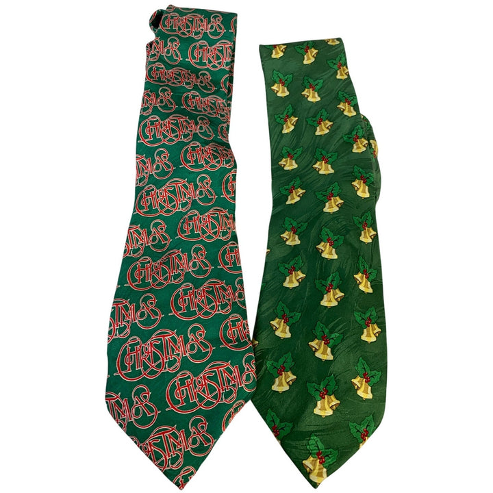 Lot of 2 Keith Daniels Mens Green Christmas Holly Jingle Bells Holiday Neck Ties