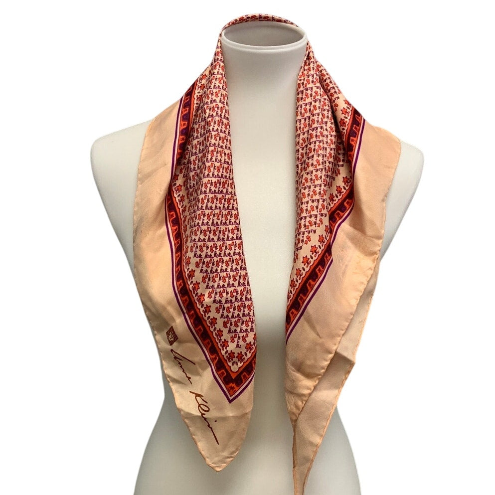 Vintage Anne Klein Womens Pink Red Silky Square Calico Floral Fashion Scarf
