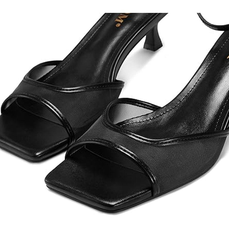 New Isnom Womens Size 8.5 Black Mesh Open Toe Ankle Strap 2" Kitten Heel Shoes