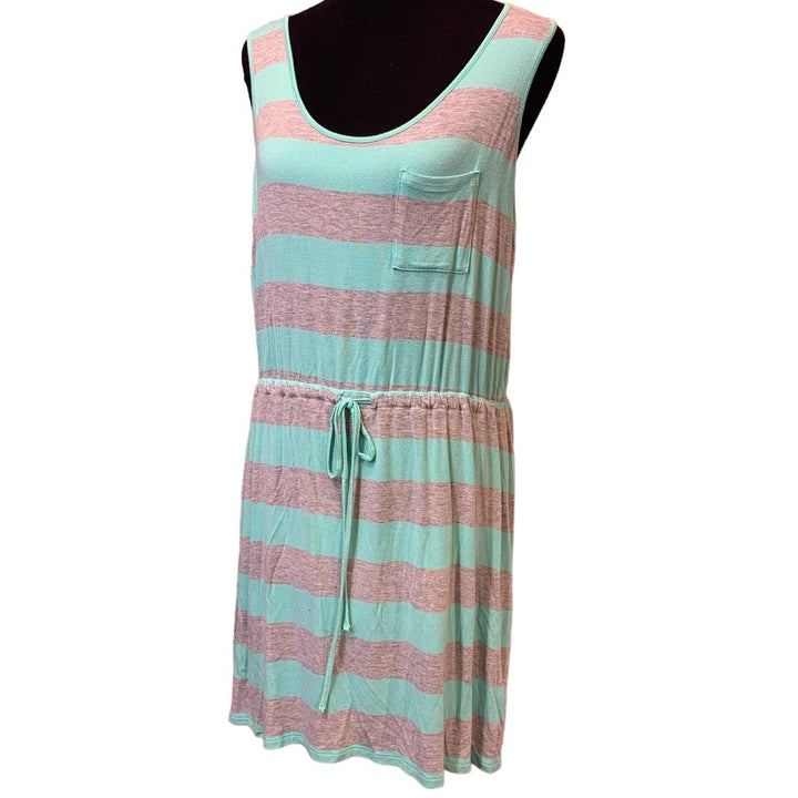 Olive &amp; Oak XL Striped Sleeveless Rayon Blend Stretchy Tee Shirt Dress w Tie