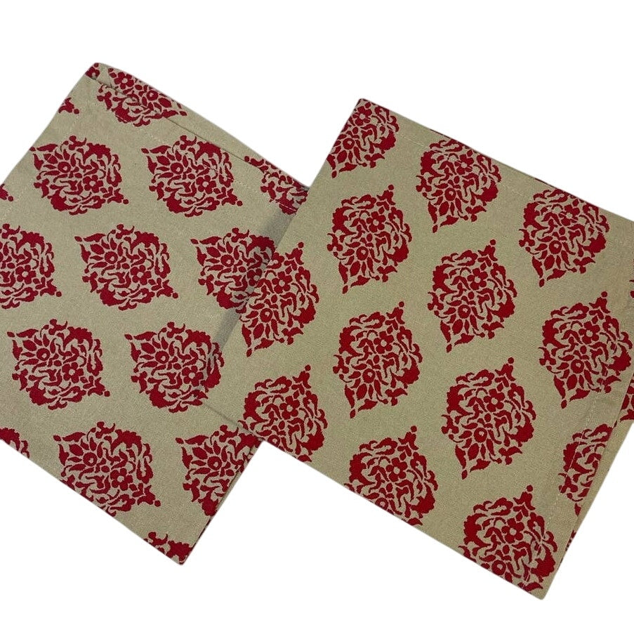 8 Red Tan Stripe Floral Geometric Square Cotton Blend Cloth Napkins Tablescape