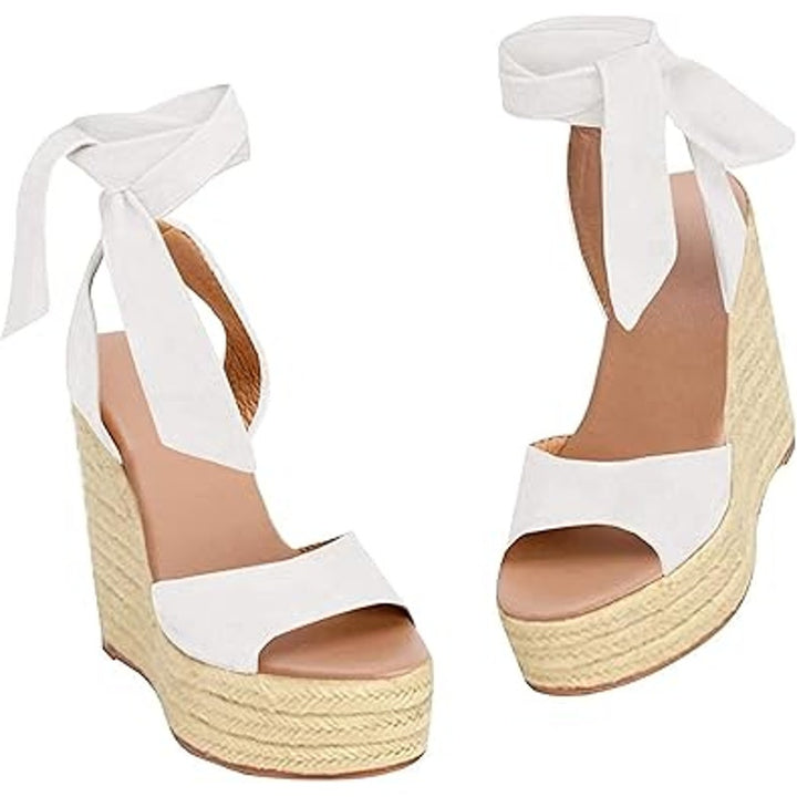 New Liyuandian Womens 7.5 White 4.5" Platform Espadrille Wedge Sandal Shoes