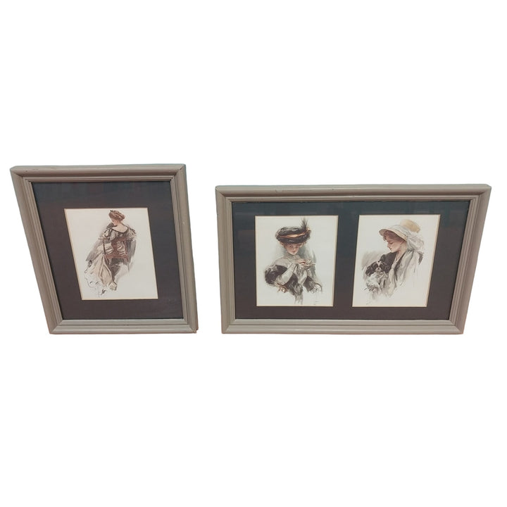 2 Vintage 1948 Victorian Lady in Chair Teacup Dog Glass Front Wood Framed Prints